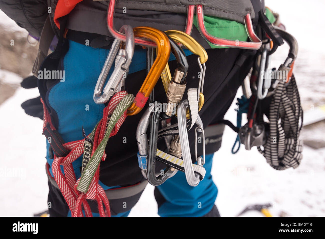 Carabiners and equipment of an ice climber Stock Photo Alamy