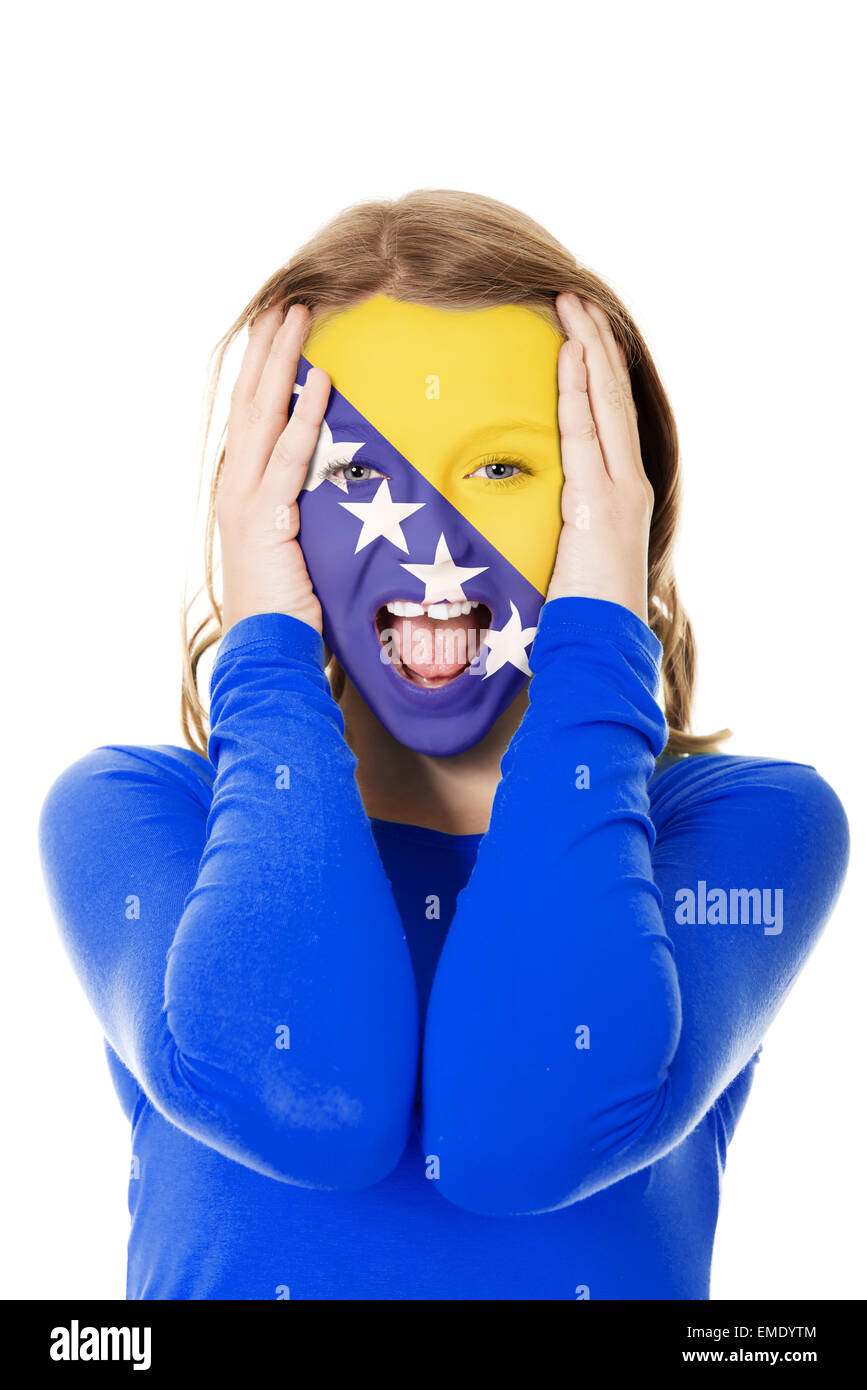 Woman with Bosnia and Herzegovina flag painted on face. Stock Photo