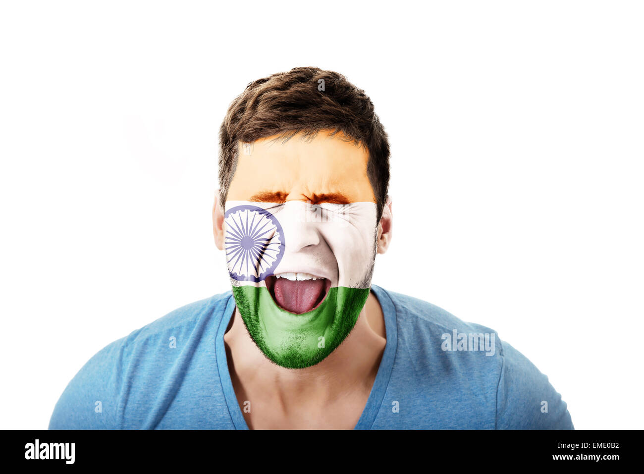 Screaming man with India flag on face. Stock Photo