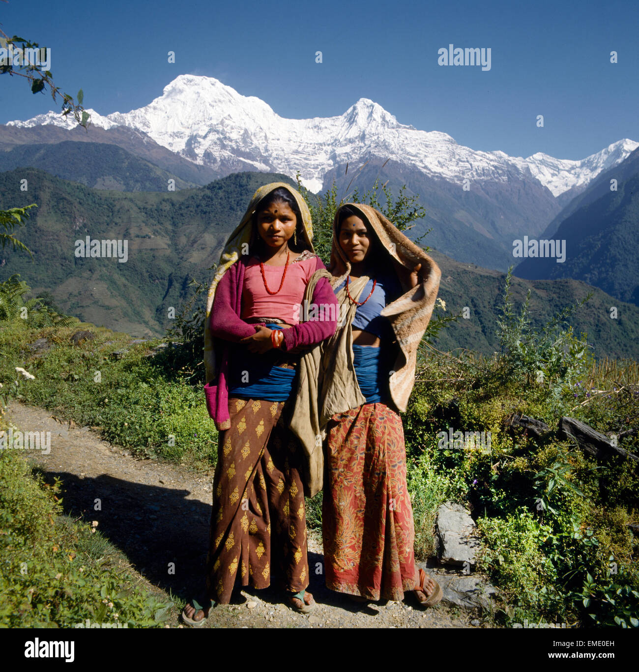Nepal Annapurna South Nepalese Girls Stock Photo