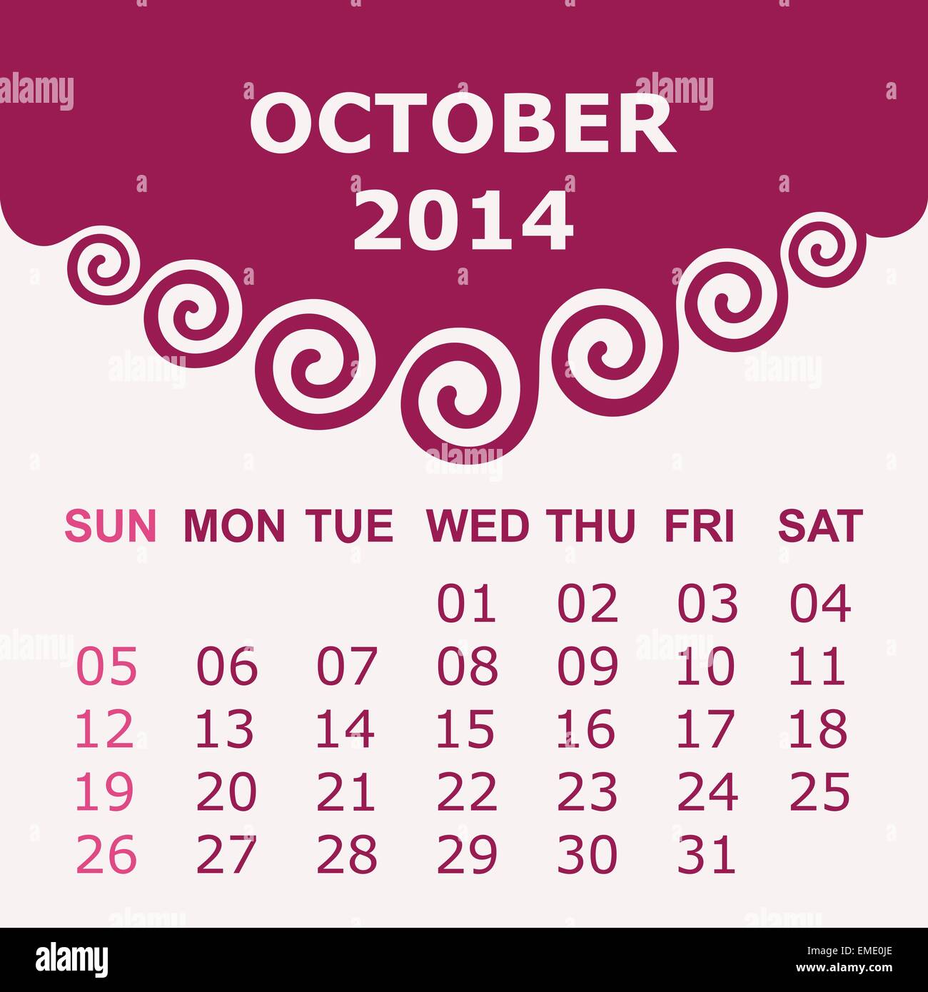 Calendar of October 2014 with spiral design - vector illustration Stock ...