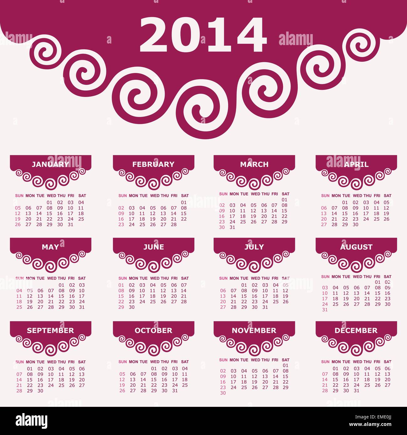 Calendar Of 2014 With Spiral Design Vector Illustration Stock Vector 