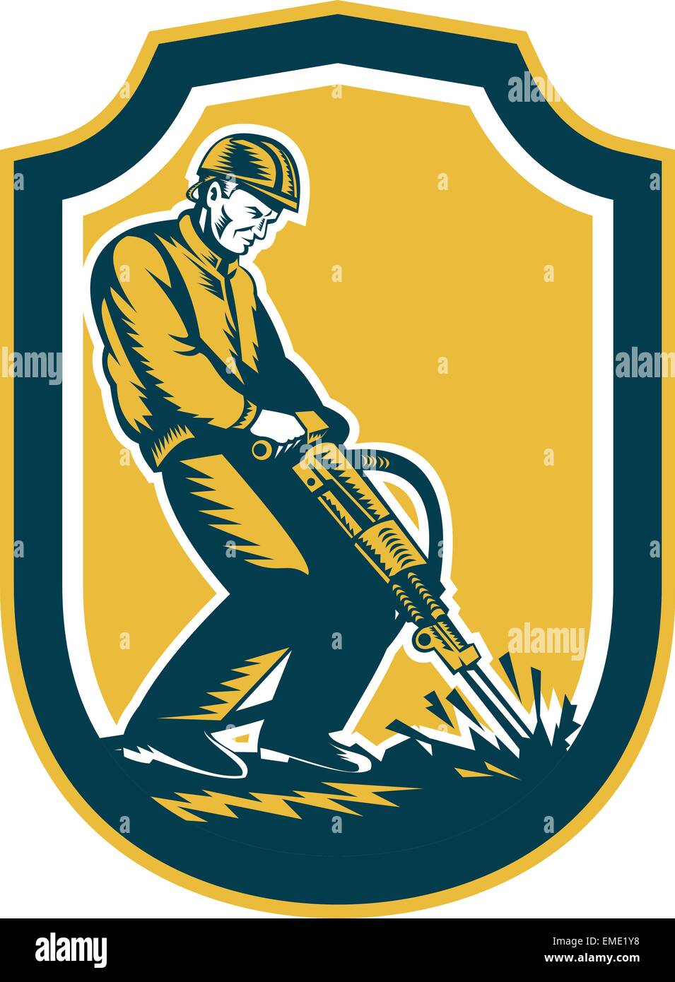 Construction Worker Jackhammer Drill Shield Retro Stock Vector Image ...