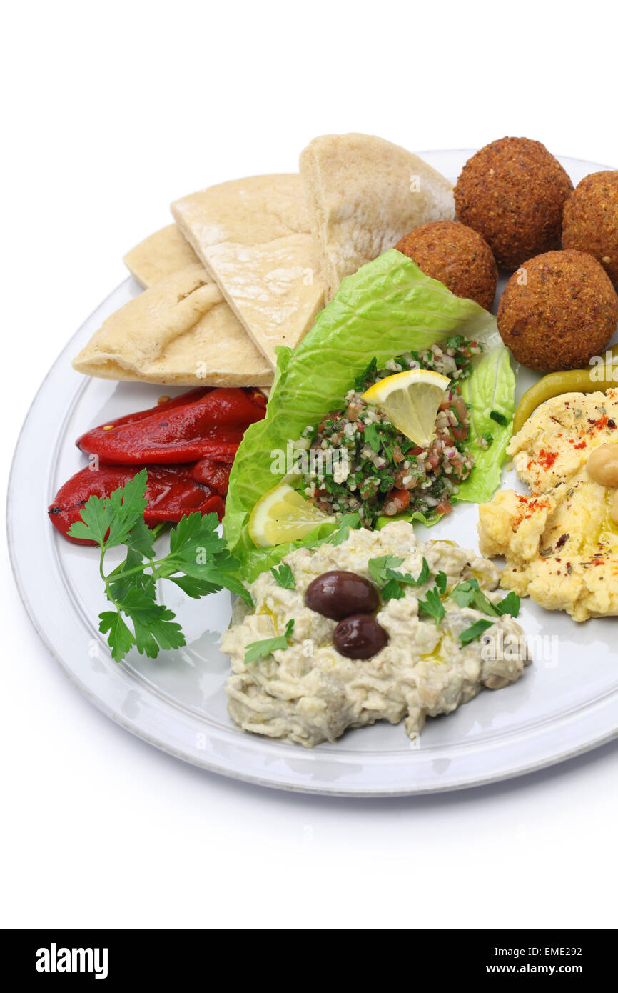 hummus, falafel, baba ghanoush, tabbouleh and pita, middle eastern cuisine Stock Photo