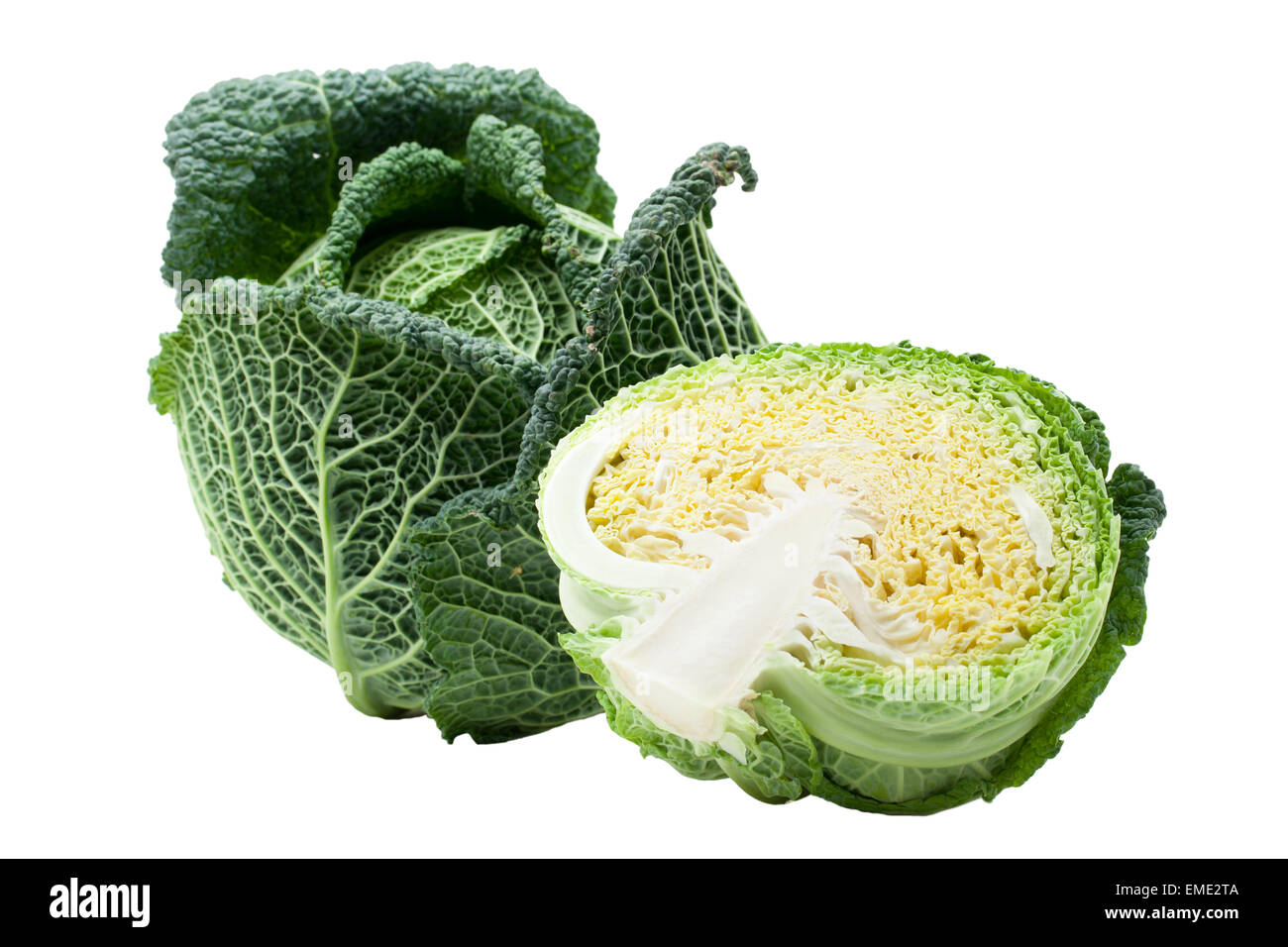 Head of fresh ripe Savoy cabbage and half cut isolated Stock Photo