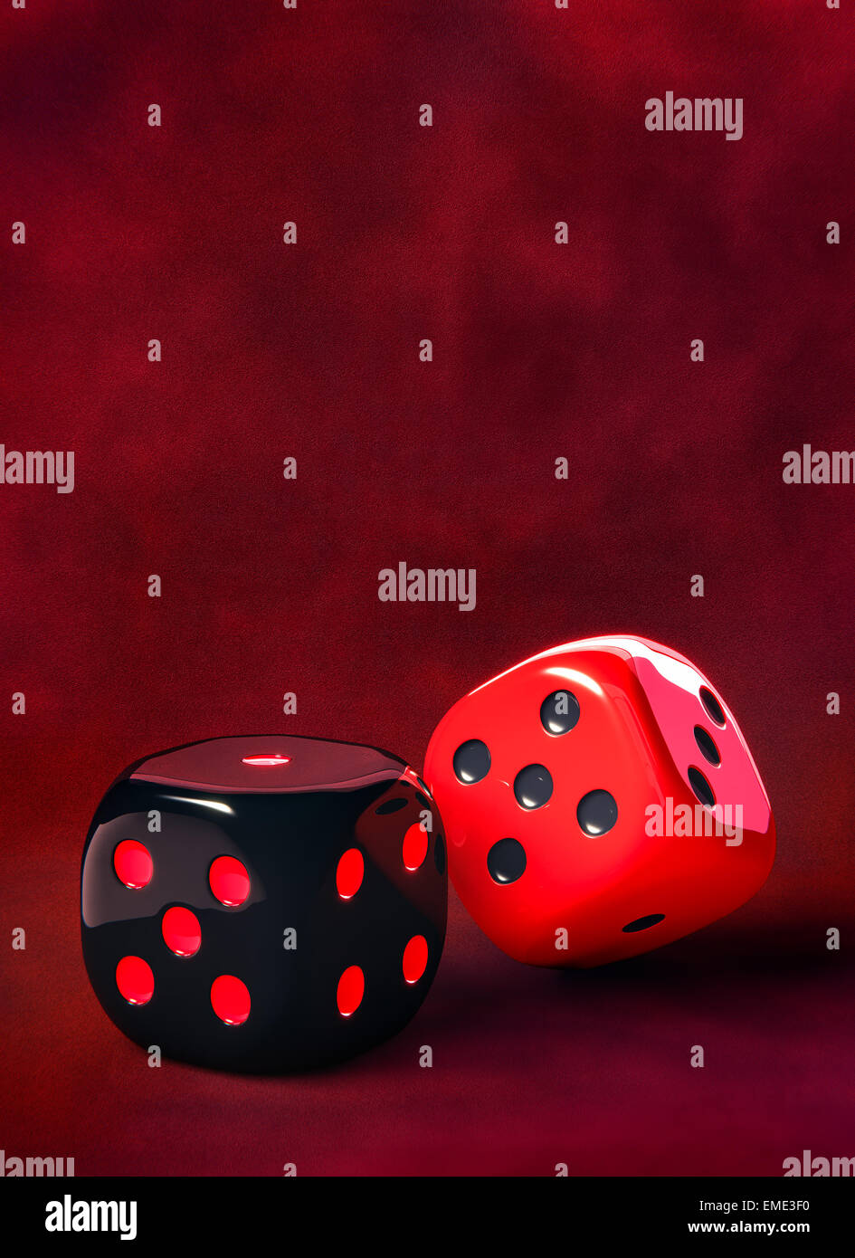 Pair of dice,red velvet background. Black and red dots Stock Photo