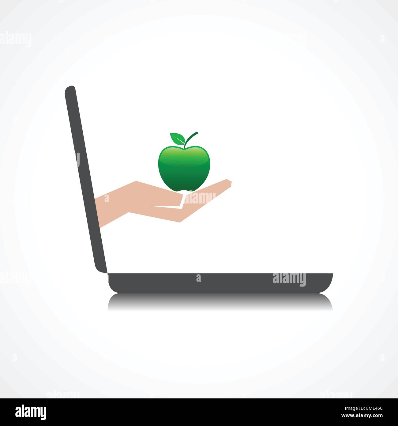 hand holding apple comes from laptop screen stock vector Stock Vector