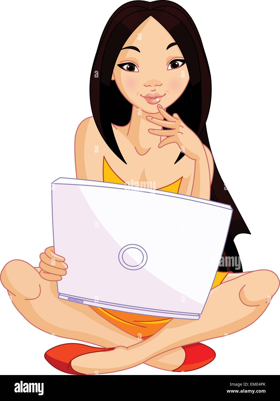 Young Asiatic woman sitting on cushion with laptop Stock Vector