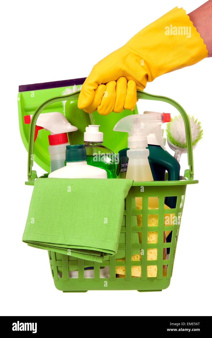 Yellow Rubber Gloved Hand Carrying Cleaning Supplies Showing It Is Time