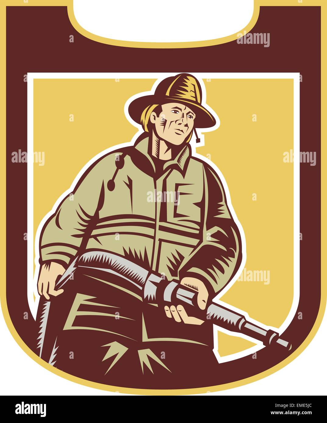 Fireman Firefighter Aiming Fire Hose Shield Retro Stock Vector Image ...