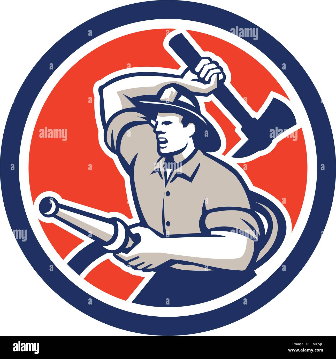 Fireman Firefighter Holding Hose Axe Circle Retro Stock Vector Image ...