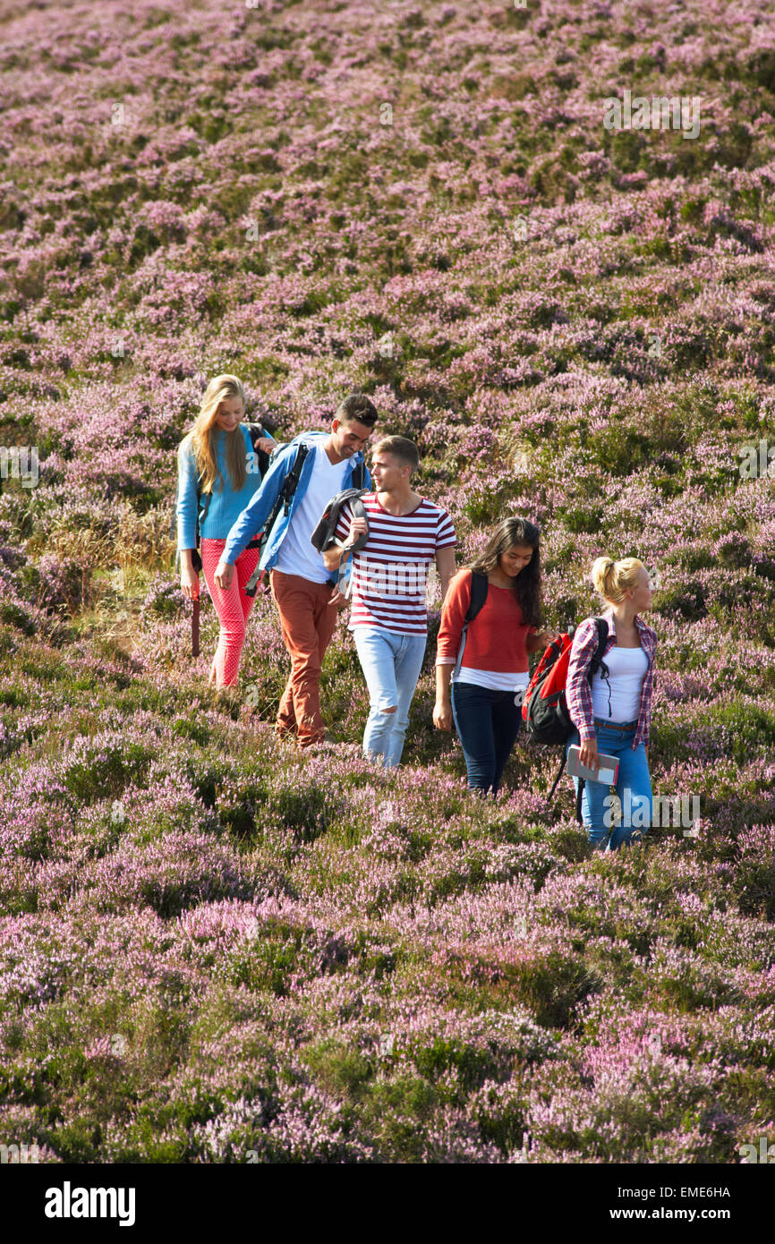 Group Of Young People Hiking Through Countryside Stock Photo - Alamy