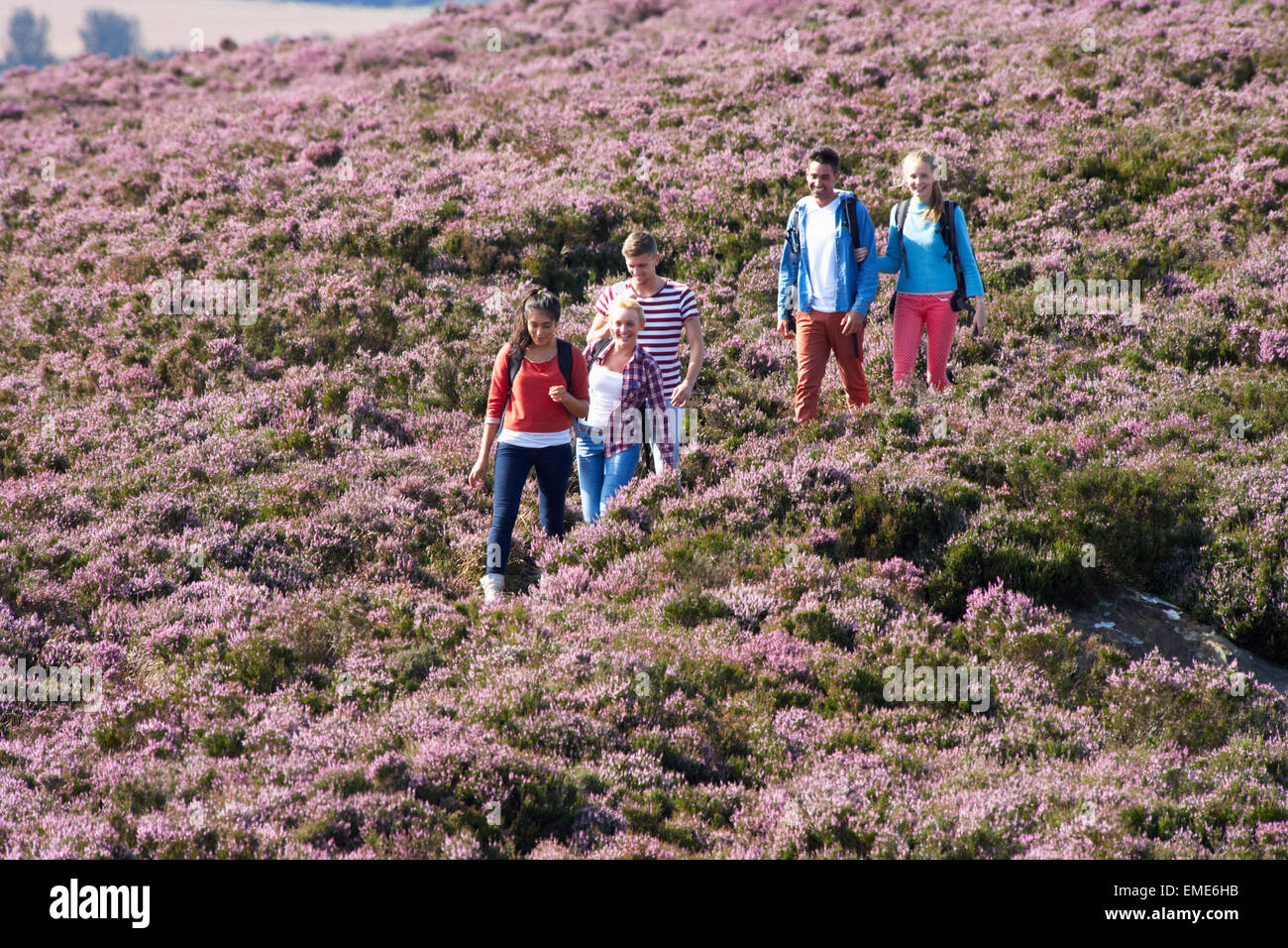 Group Of Young People Hiking Through Countryside Stock Photo - Alamy