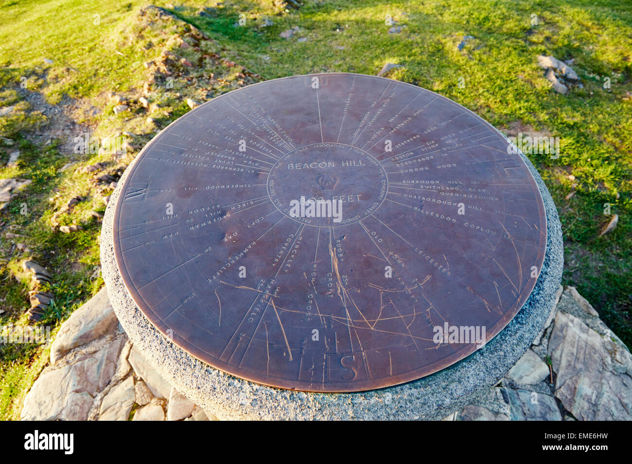 Marker showing locations you can view from the summit of Beacon Hill, Leicestershire. Stock Photo