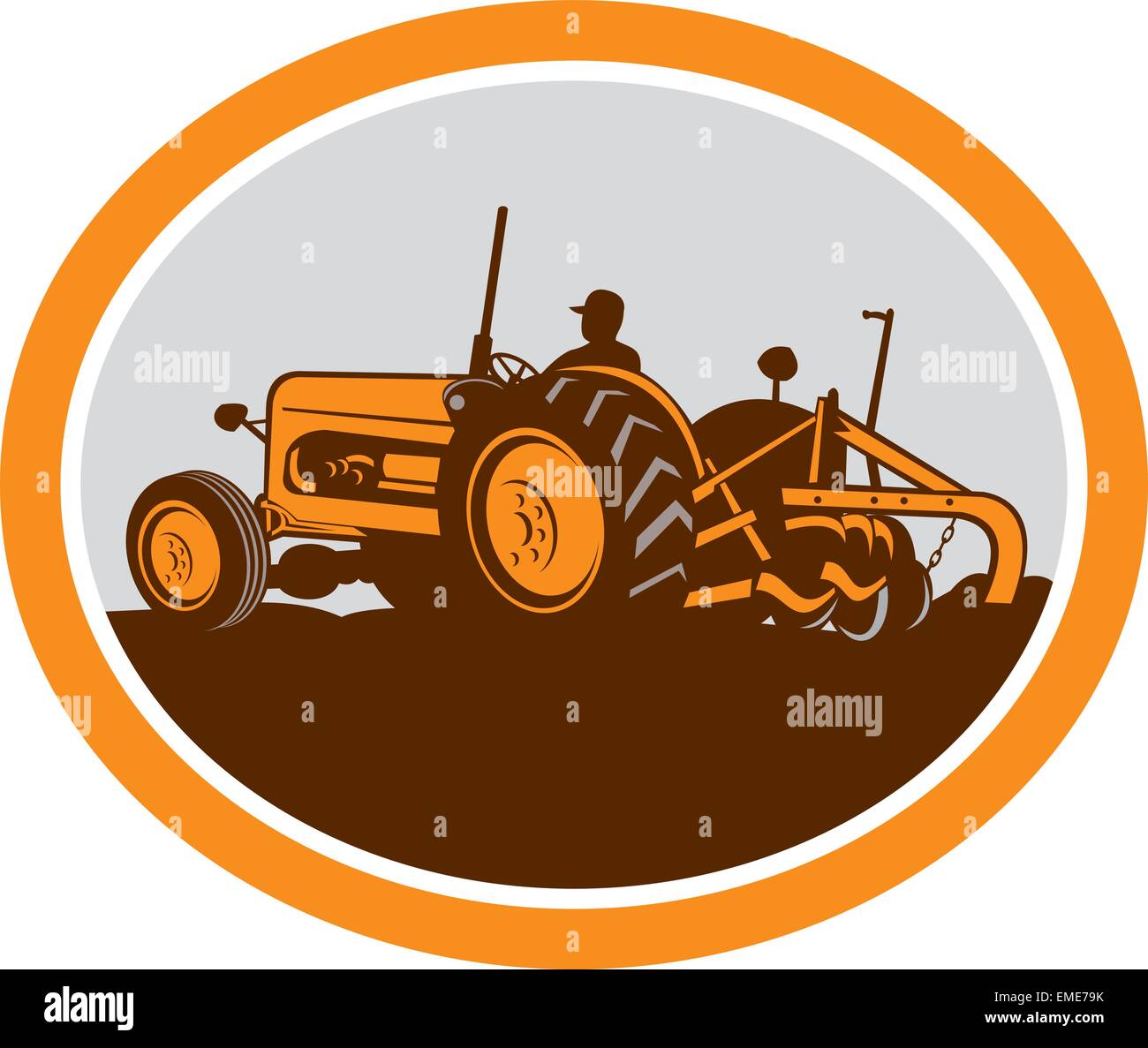 Vintage Farm Tractor Farmer Plowing Oval Retro Stock Vector Image & Art ...