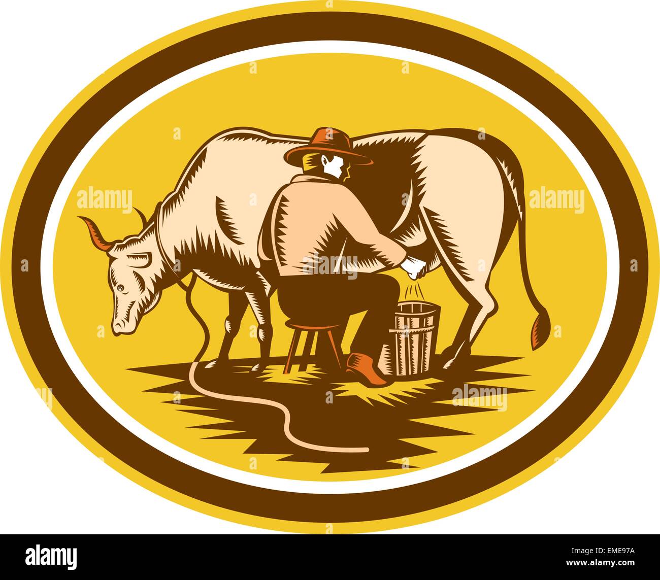 Farmer Milking Cow Oval Woodcut Stock Vector