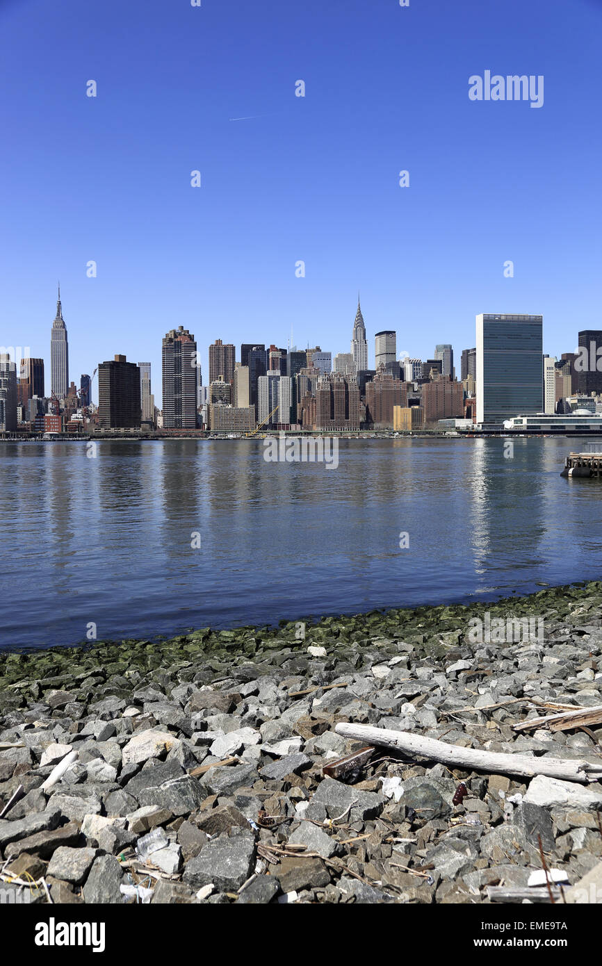 View of Midtown Manhattan with East River in foreground from Long Island City, Queens, New York USA Stock Photo