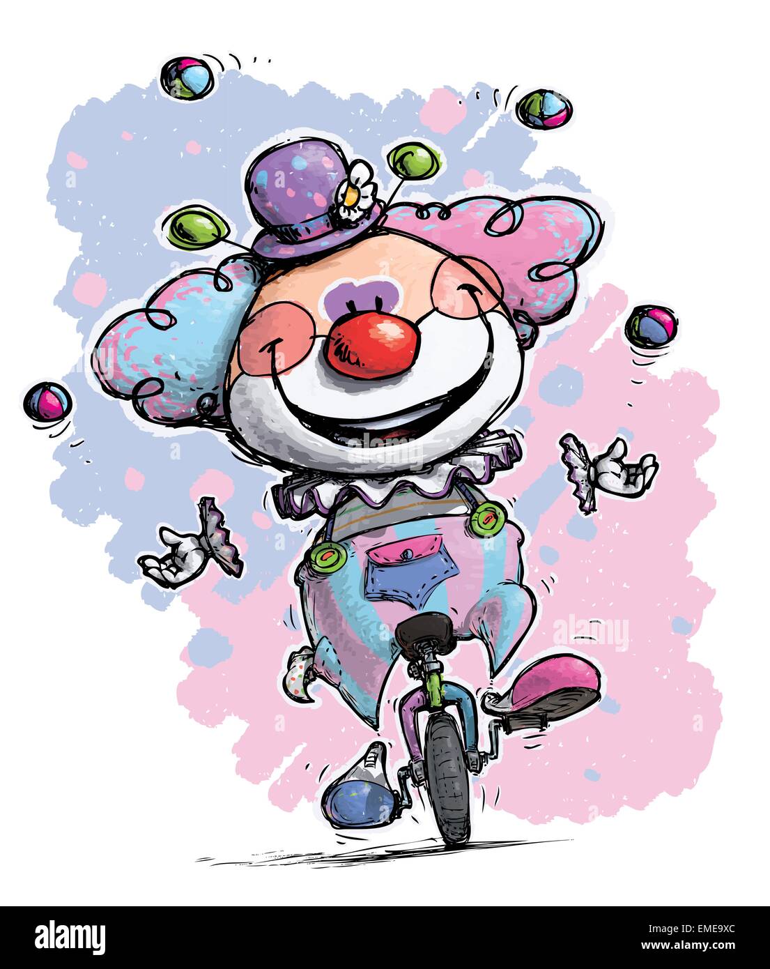 Clown on Unicycle Juggling Boy Colors Stock Vector