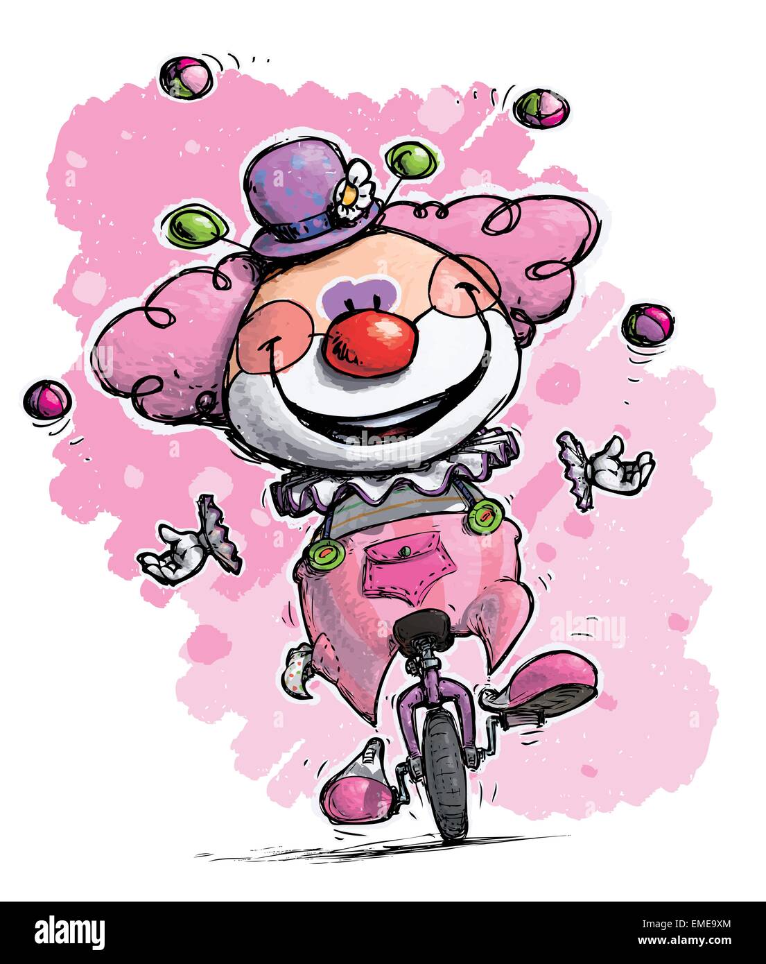 Clown on Unicycle Juggling Girlie Colors Stock Vector