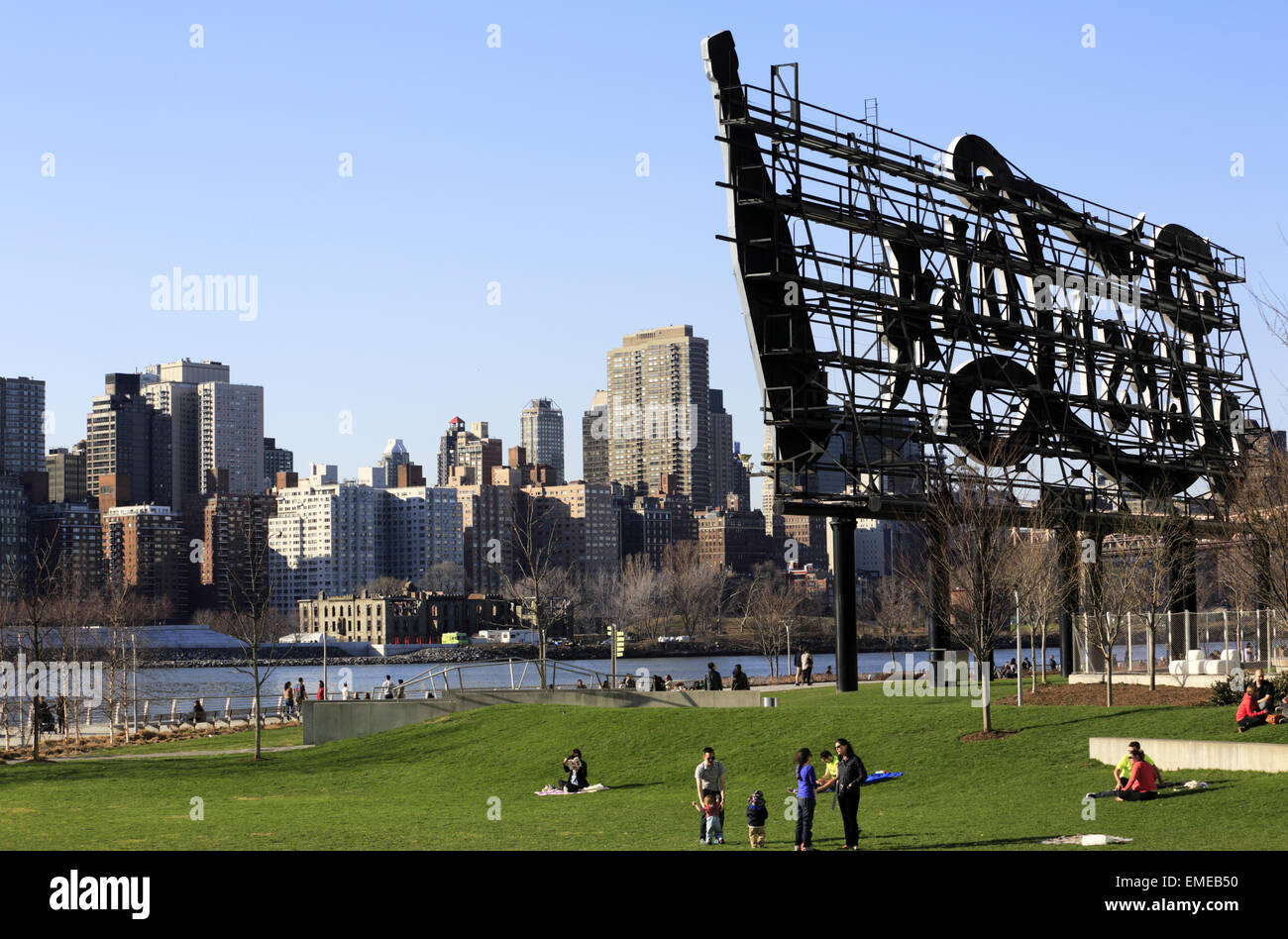View of Midtown Manhattan with East River in foreground from Long Island City with Pepsi Cola billboard, Queens, New York USA Stock Photo