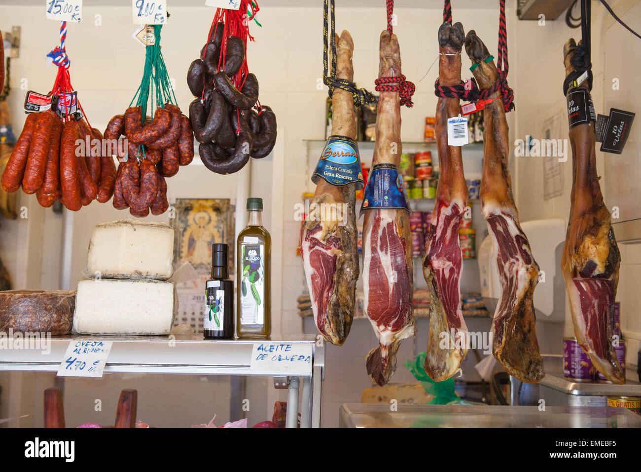 Display of jamon and chorizo in a delicatessan in Cadiz Stock Photo