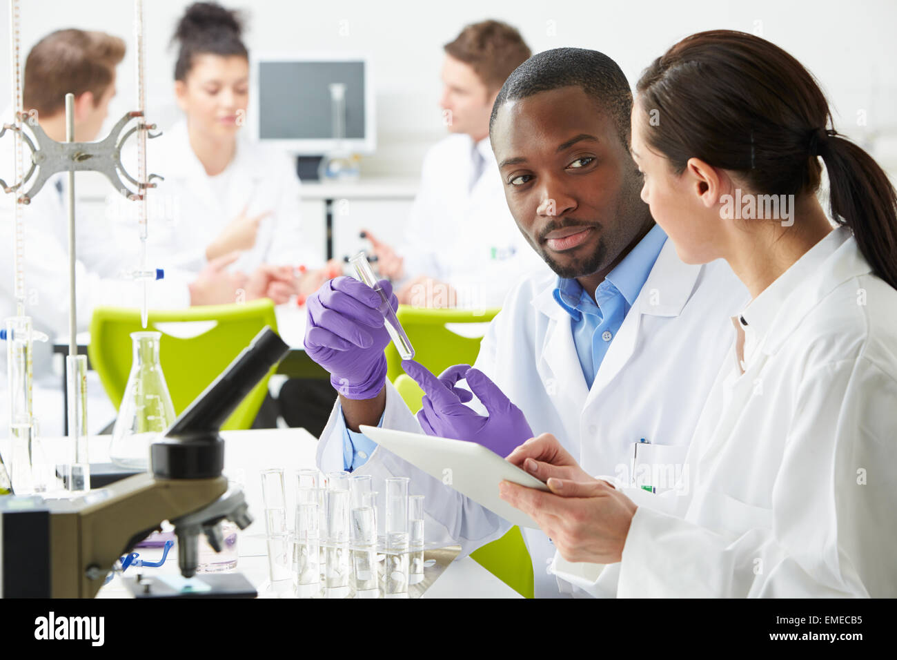 Group Of Technicians Working In Laboratory Stock Photo