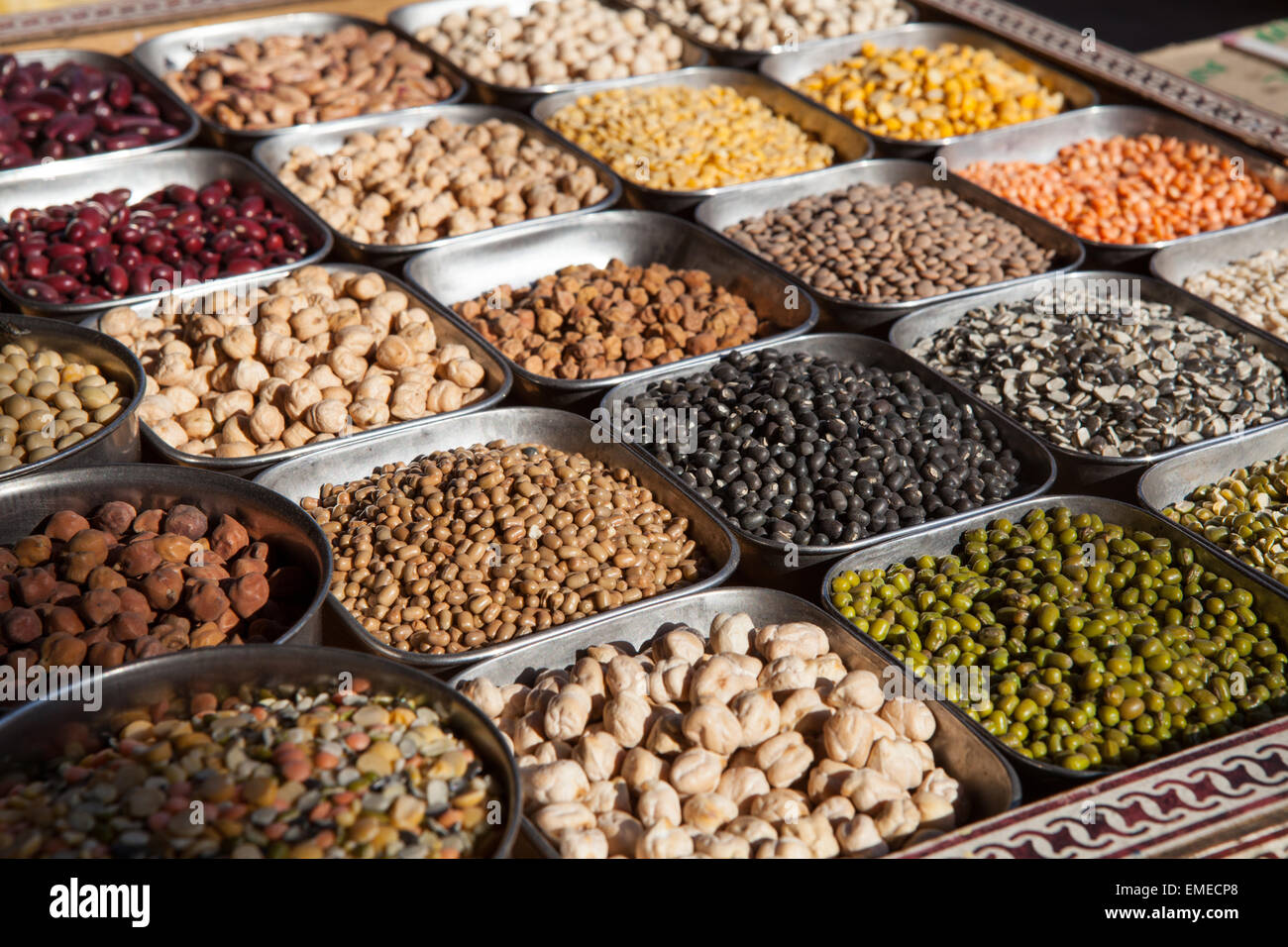 Lentils and pulses on display in the spice market of Old Delhi Stock