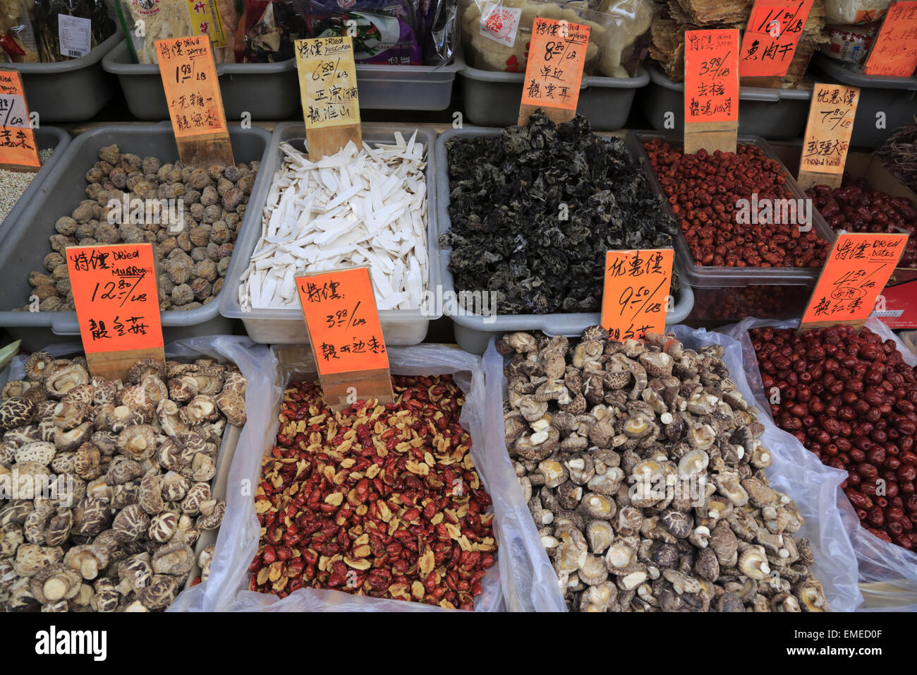 Various dried food and seafood for sale in Chinatown grocery store