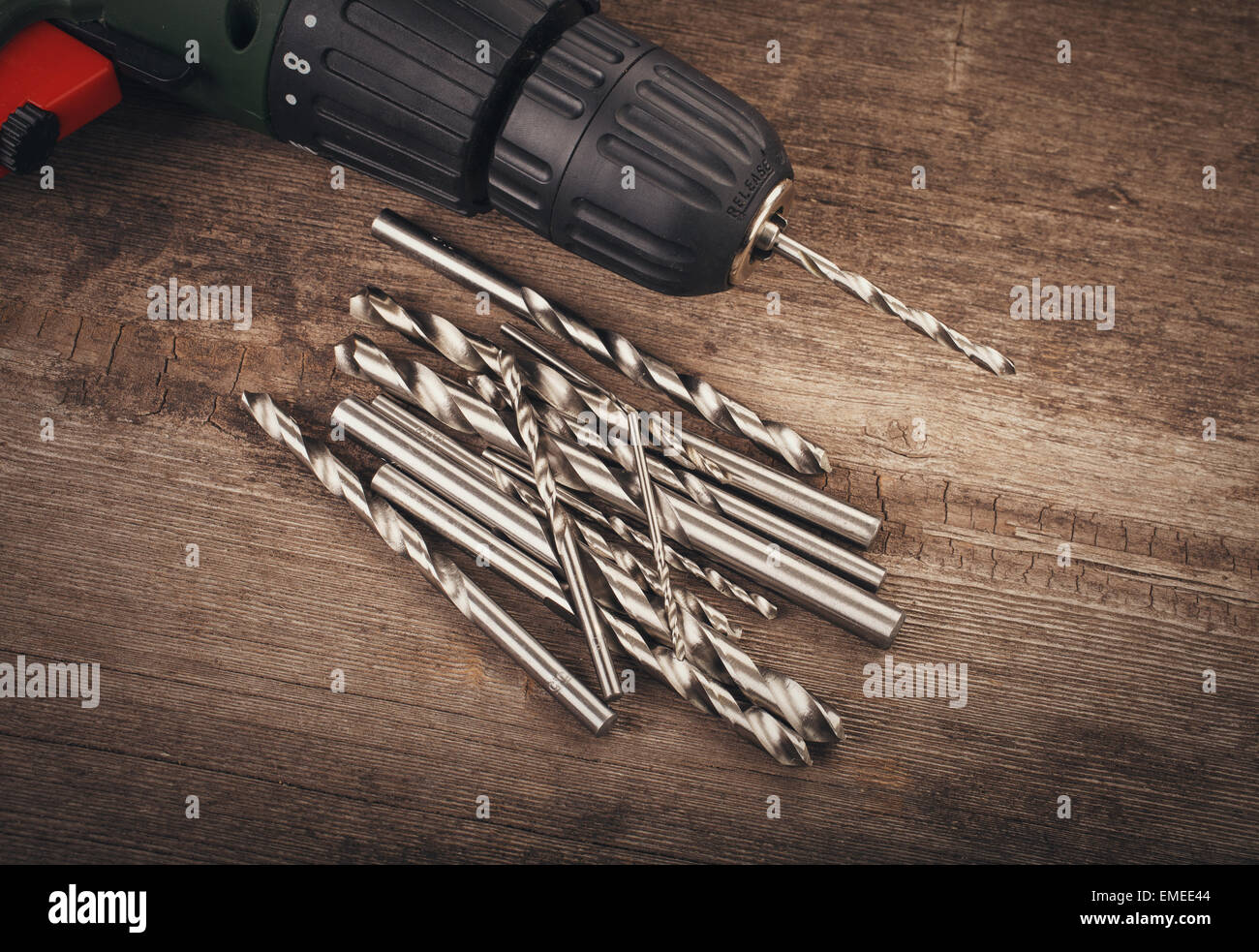 Drill and set of drill bits Stock Photo
