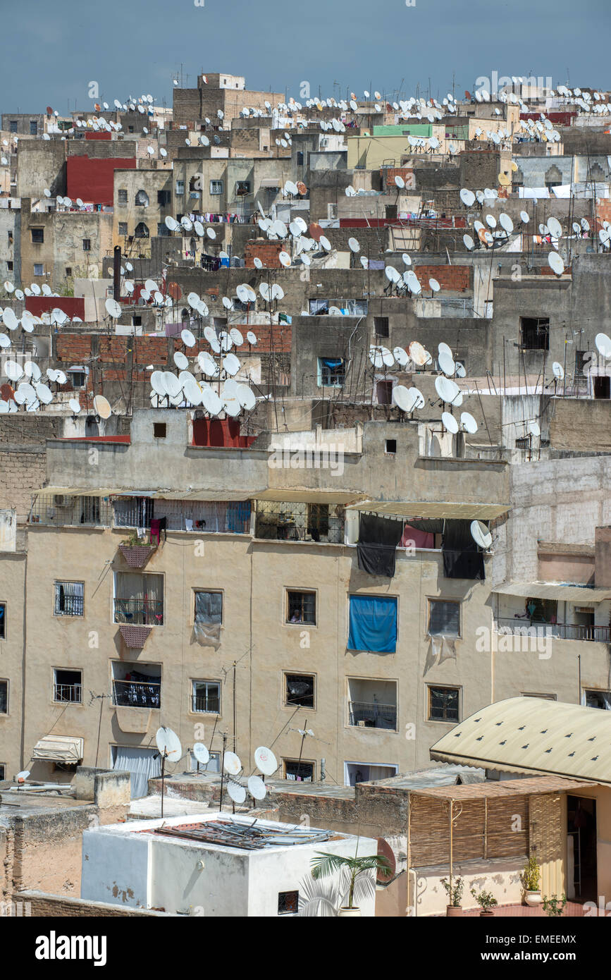 Fes, Morocco.  Sattelite dishes on rooftops of houses in medina, old section of fes. Stock Photo