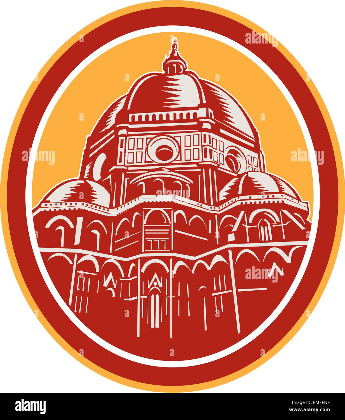 Dome of Florence Cathedral Front Woodcut Stock Vector