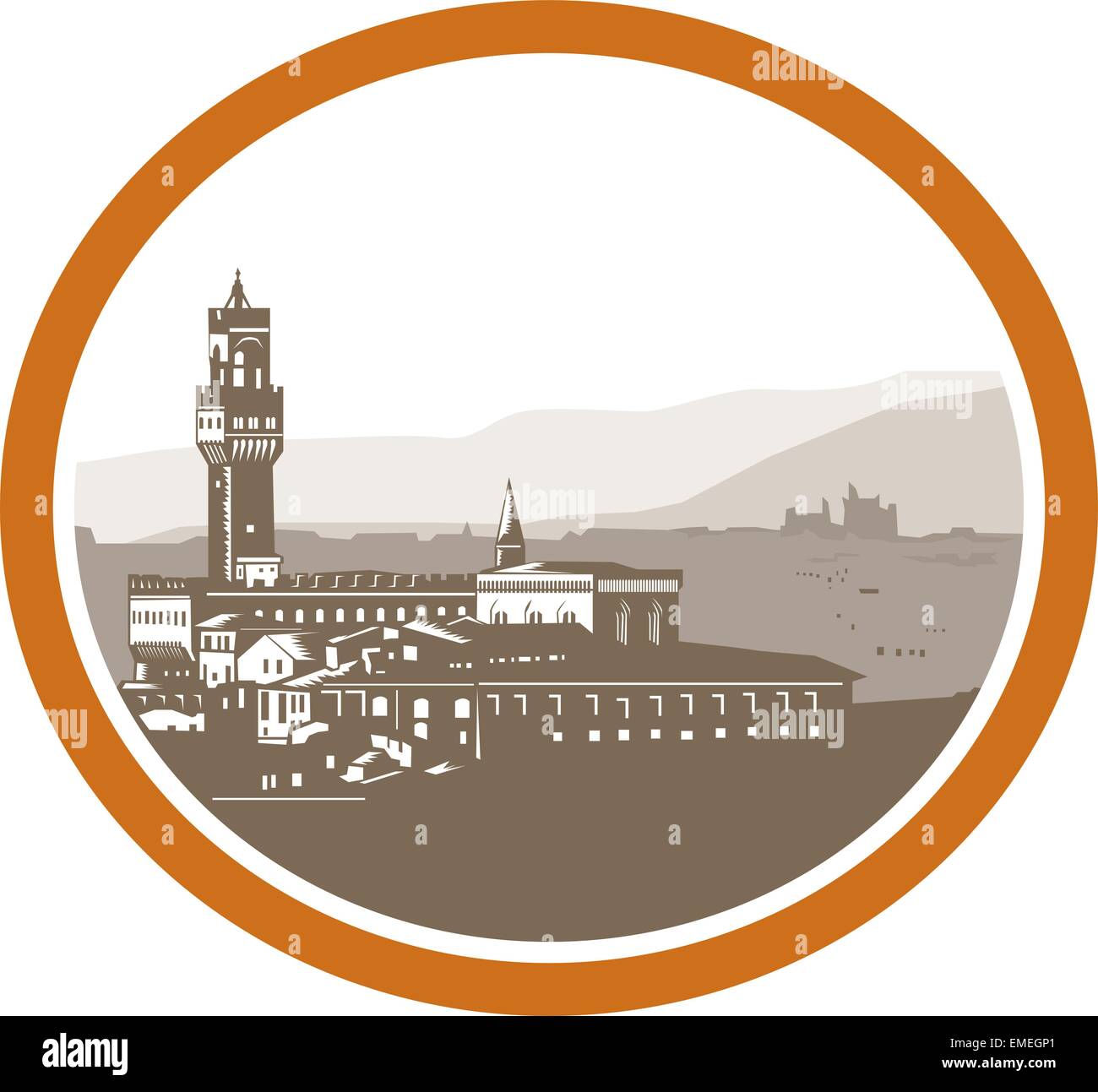 Tower of Palazzo Vecchio Florence Woodcut Stock Vector