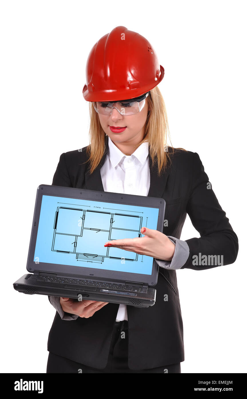 woman engineer holding pc with blueprint on screen Stock Photo