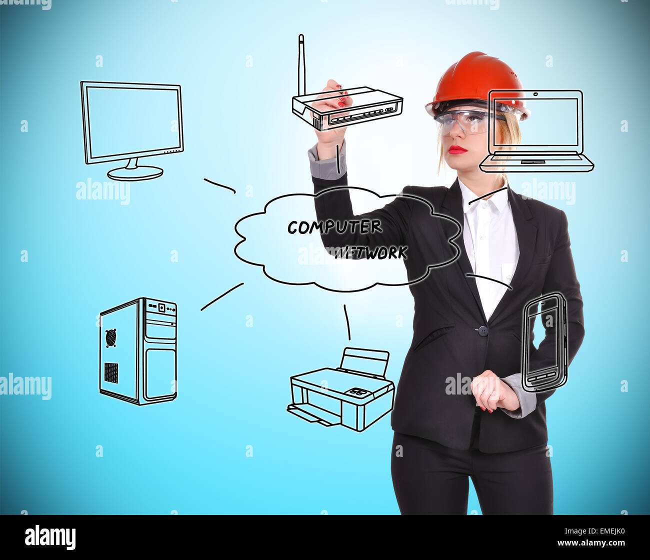 engineer woman drawing computer network on blue background Stock Photo