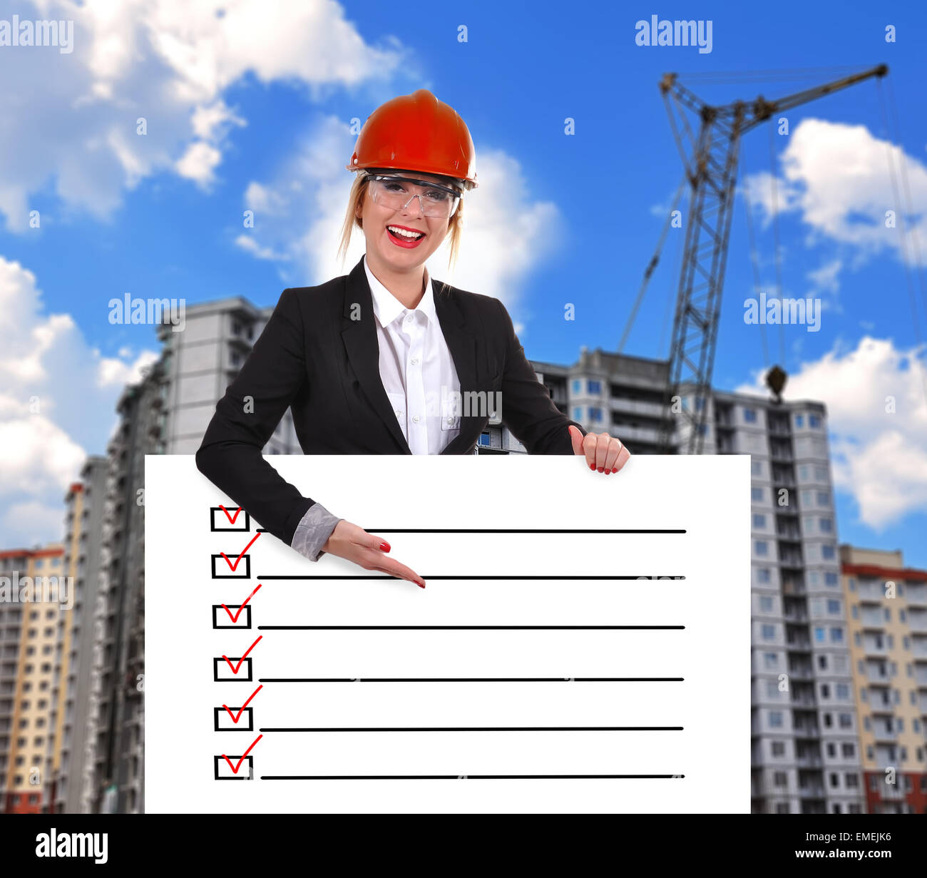Engineer woman holding placard with application form Stock Photo