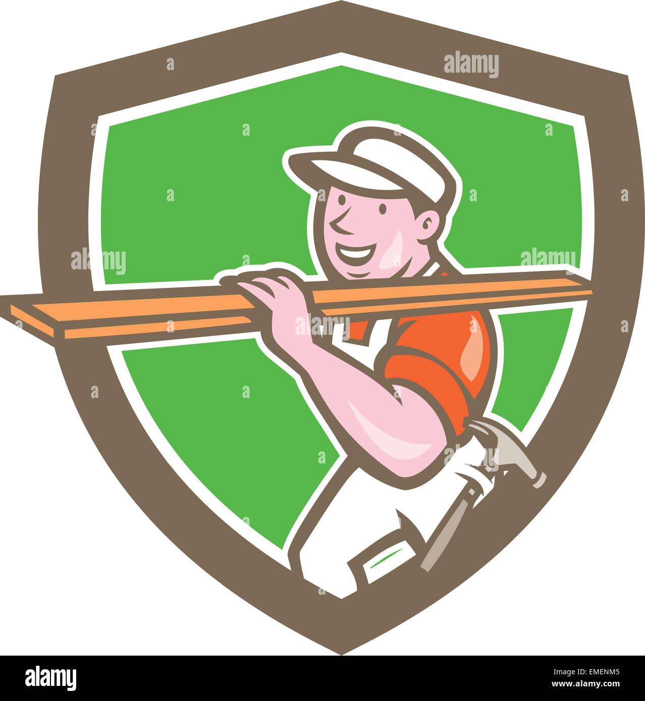 Builder Carpenter Carrying Timber Shield Cartoon Stock Vector Image ...