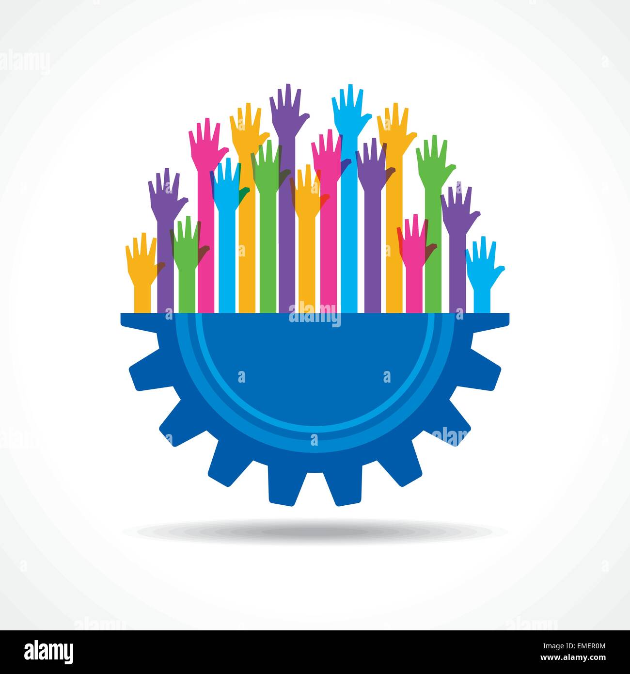 Colorful raised hand on the half gear symbol stock vector Stock Vector