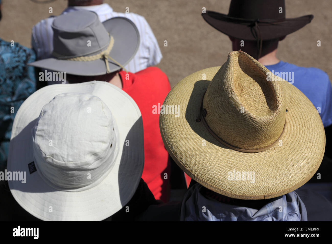 different style hats wearing by people outside under sun, Tucson Arizona, USA Stock Photo