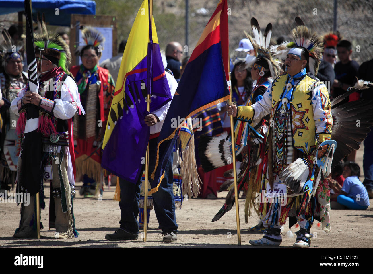 Grand entry of Tohono O'odham Nation annual Wa:k Pow wow at San Xavier del Bac Mission, Tucson, Arizona, USA Stock Photo