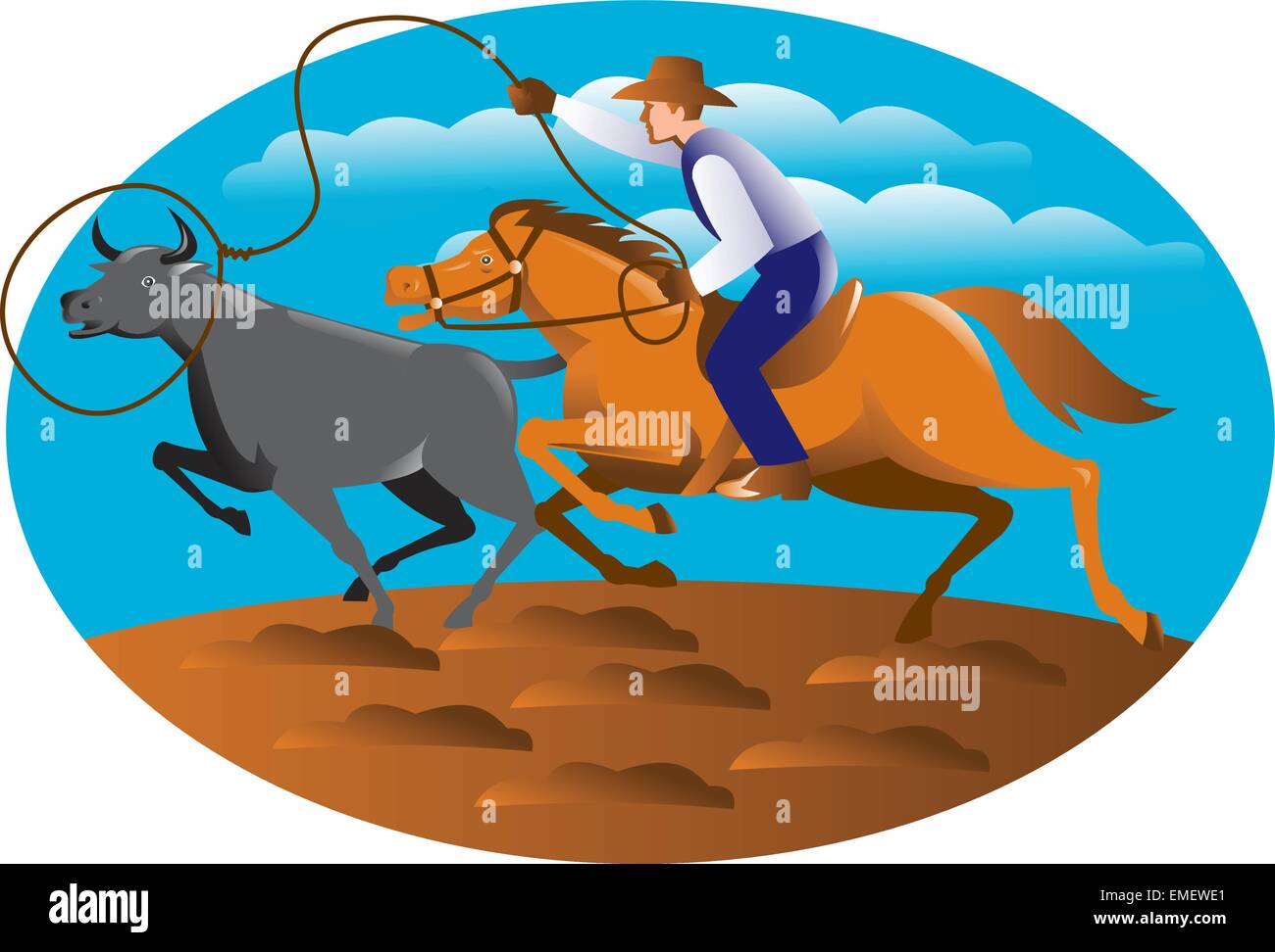 Cowboy Riding Horse Lasso Bull Cow Stock Vector