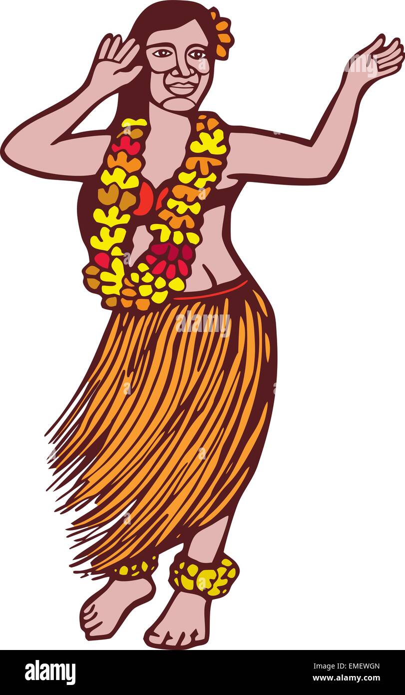 Polynesian Dancer Grass Skirt Linocut Stock Vector