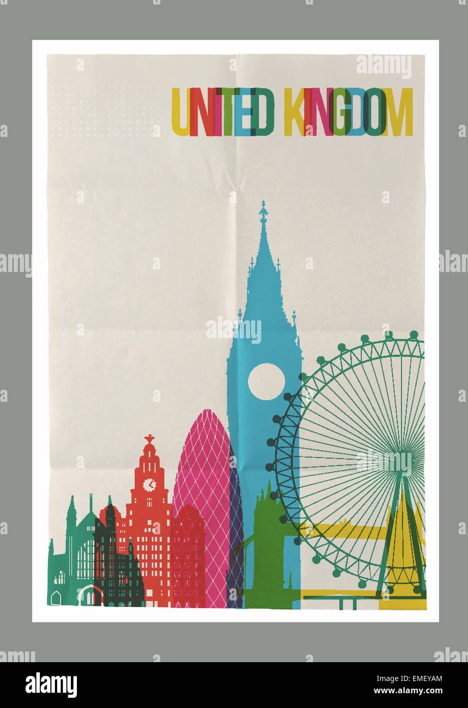 Travel United Kingdom landmarks skyline vintage poster Stock Vector