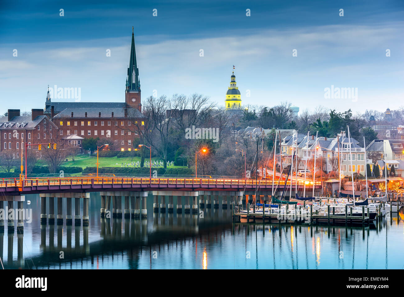 Annapolis, Maryland, USA State House and St. Mary's Church viewed over Chesapeake Bay. Stock Photo