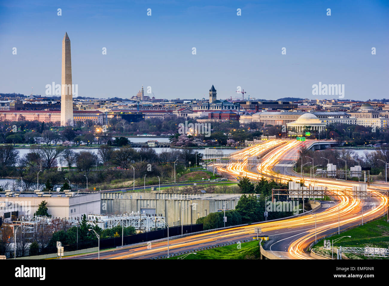 Washington, D.C. cityscape with Washington Monument and Jefferson Memorial. Stock Photo
