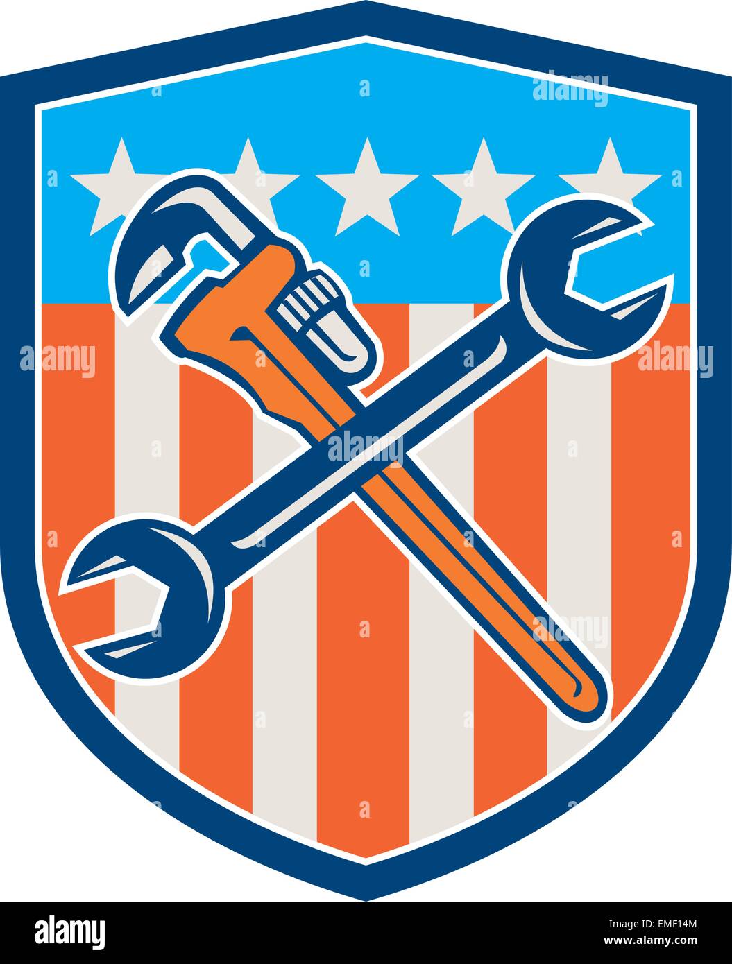 Spanner Monkey Wrench Crossed USA Flag Shield Stock Vector
