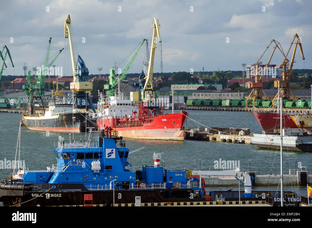 Klaipeda Lithuania Seaport Harbor cargo ships and cranes Stock Photo