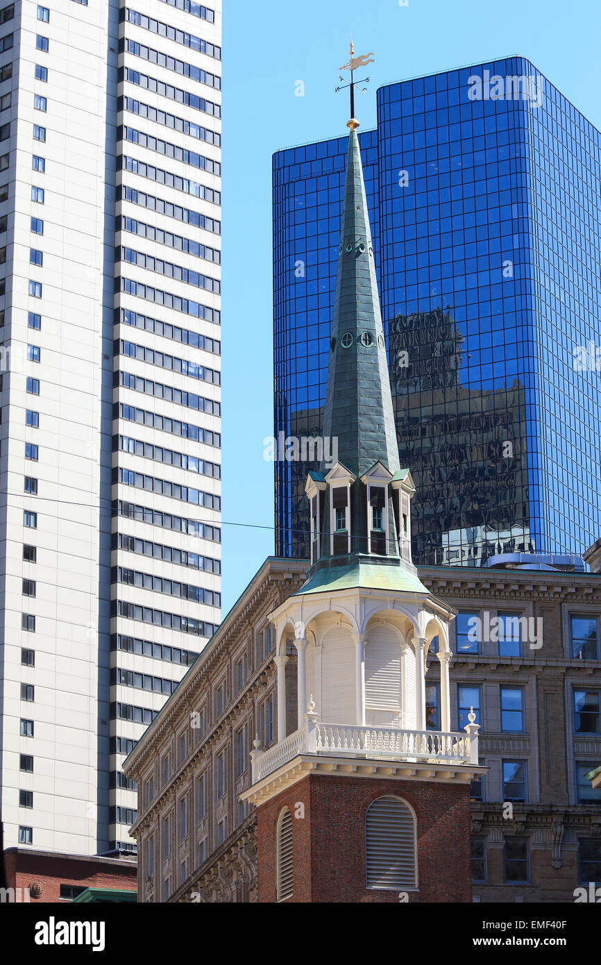 Boston Tea Party started at this Boston Freedom Trail landmark. The Old South Meeting House museum and historic site spire. Stock Photo