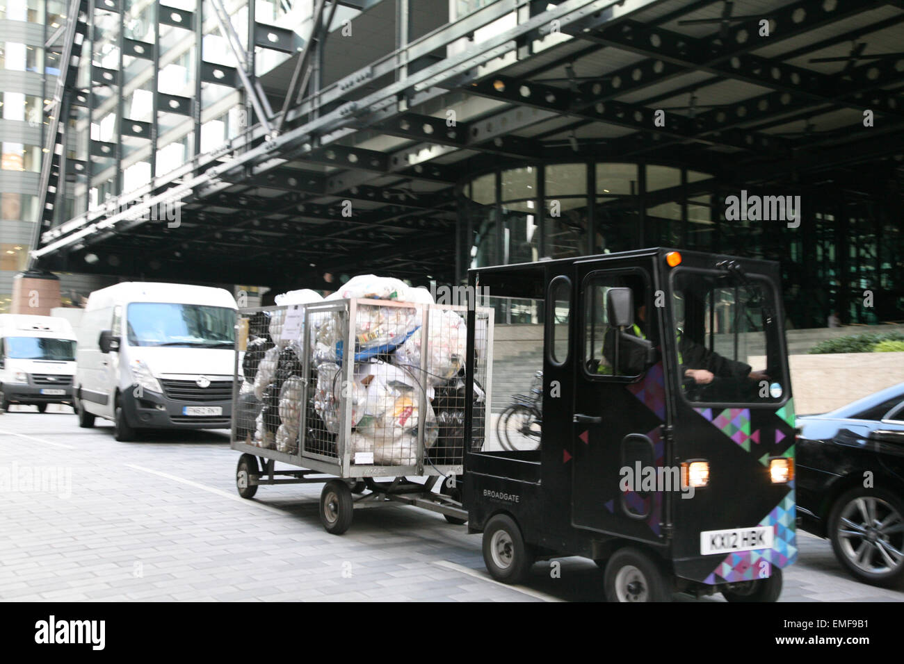 Rubbish collection vehicle at the Broadgate Tower, City of London, England. Stock Photo