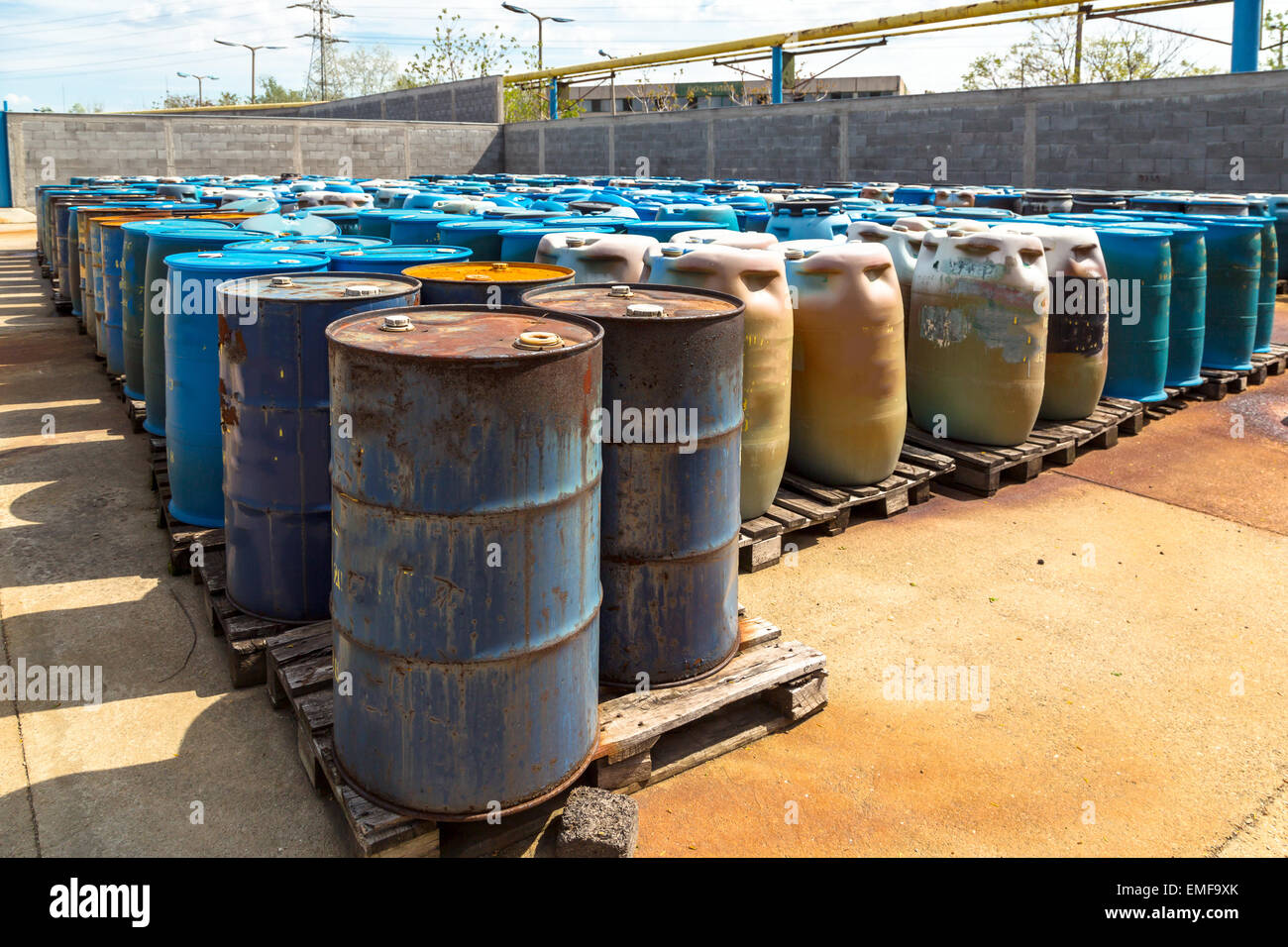 Several barrels of toxic waste at the dump Stock Photo