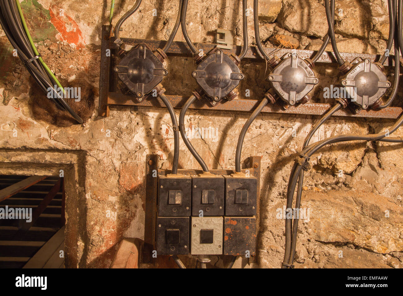 Old electricity on the roof of church Stock Photo - Alamy